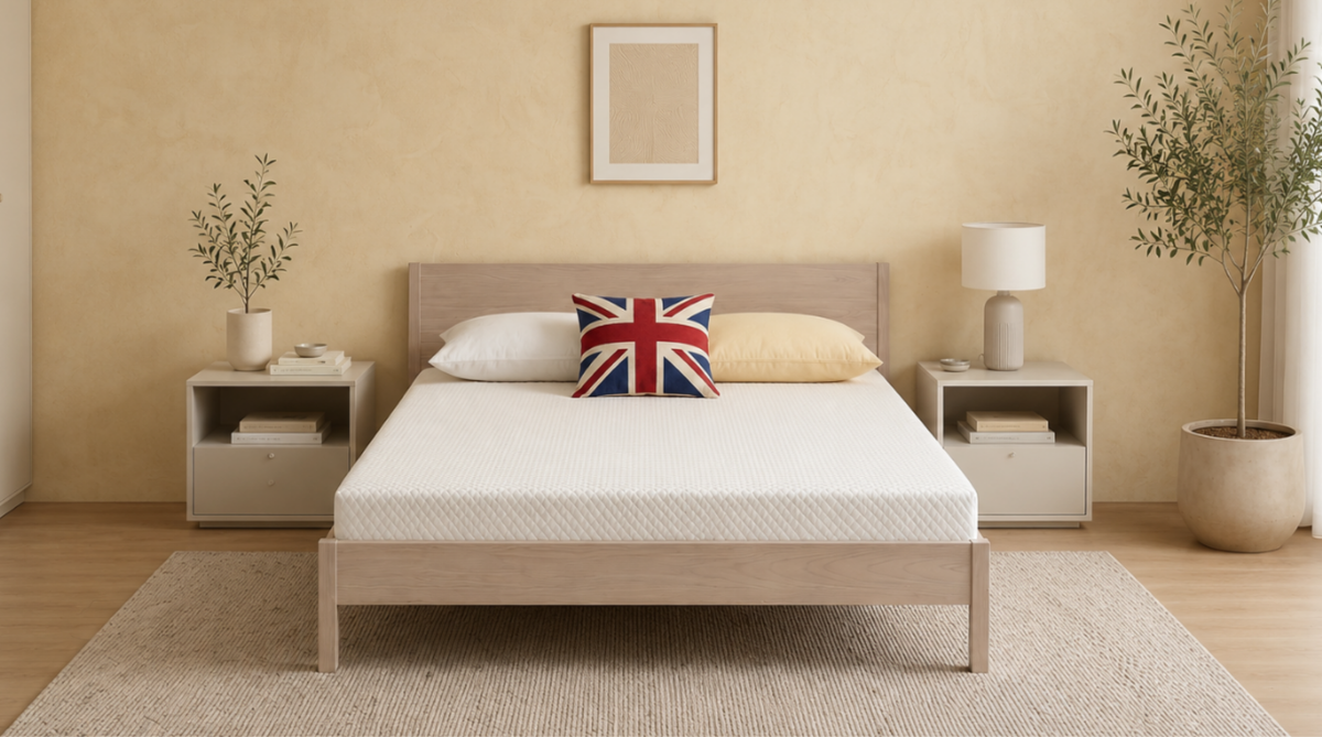 White quilted mattress on a wooden bed frame in a neutral bedroom, with matching bedside tables and a Union Jack cushion.