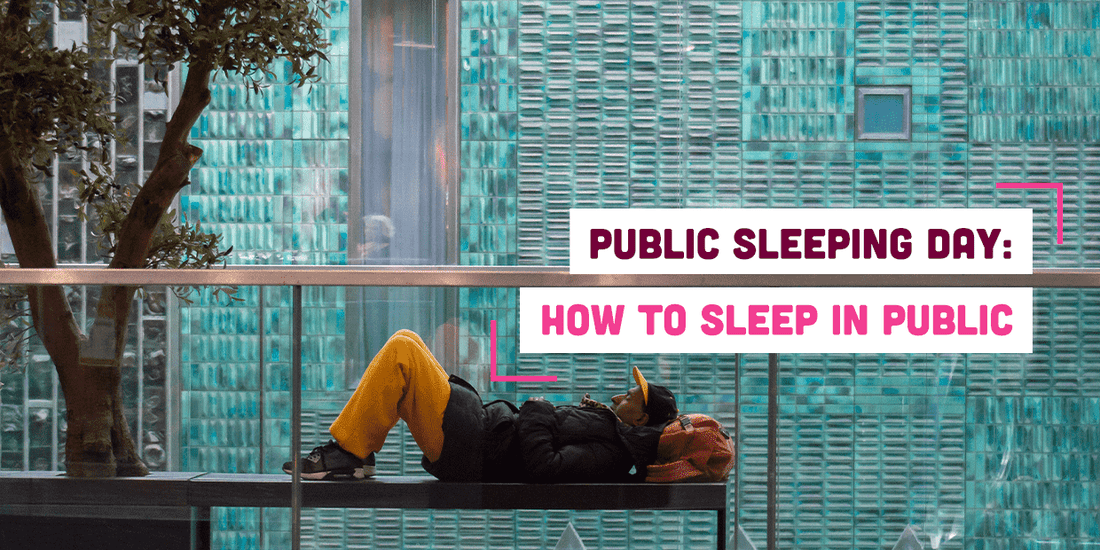 Man sleeping on a public bench with text
