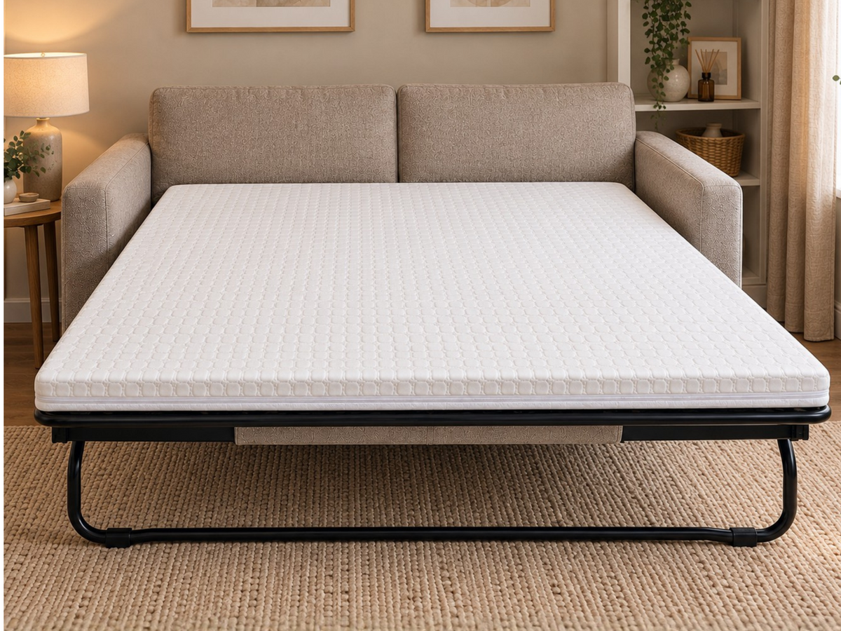 A beige upholstered daybed or sofa with a pull-out mattress base, shown in a styled living room with a side table, lamp, rug, shelving, and window.