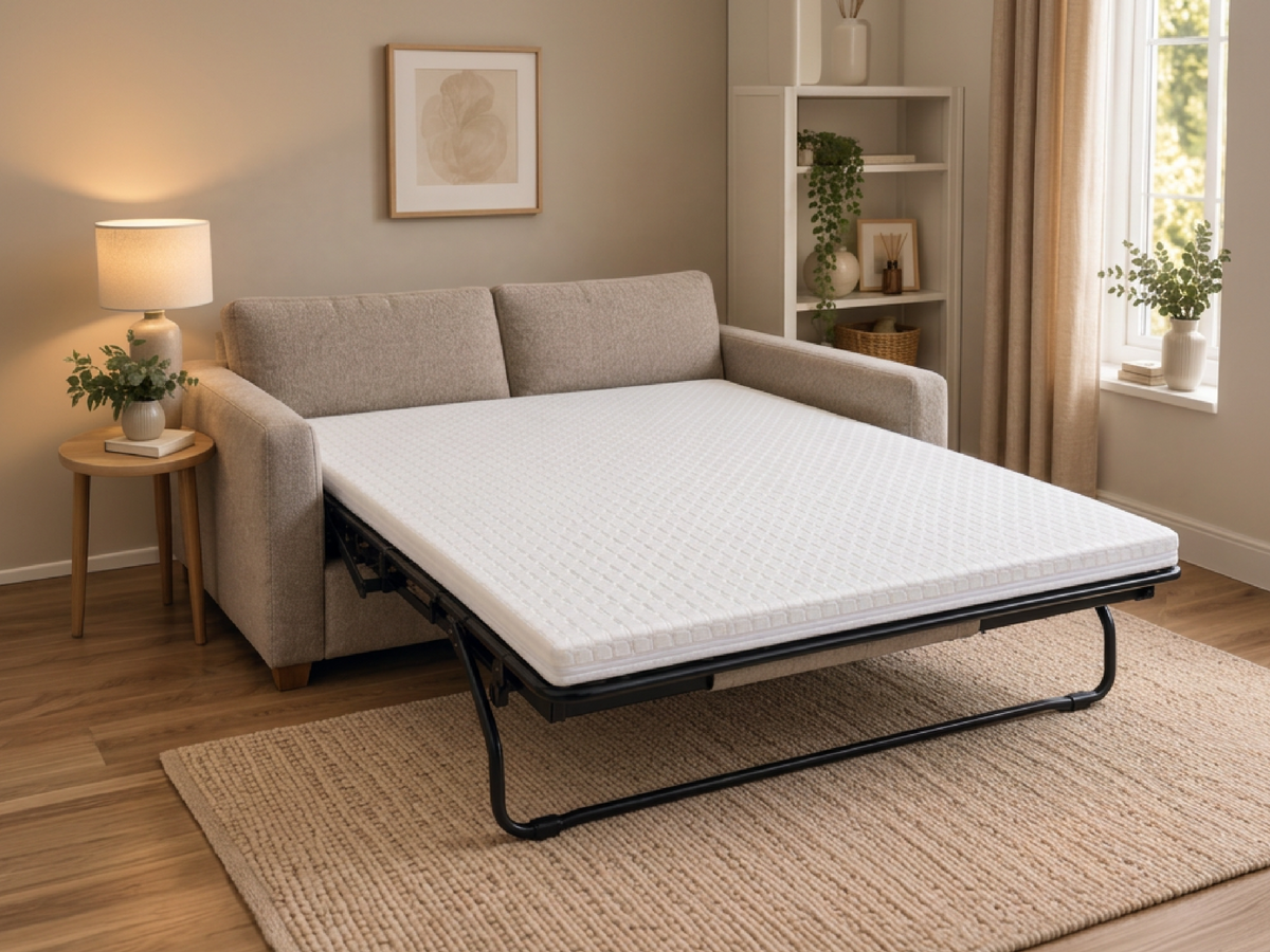 A beige upholstered daybed or sofa with a pull-out mattress base, shown in a styled living room with a side table, lamp, rug, shelving, and window.