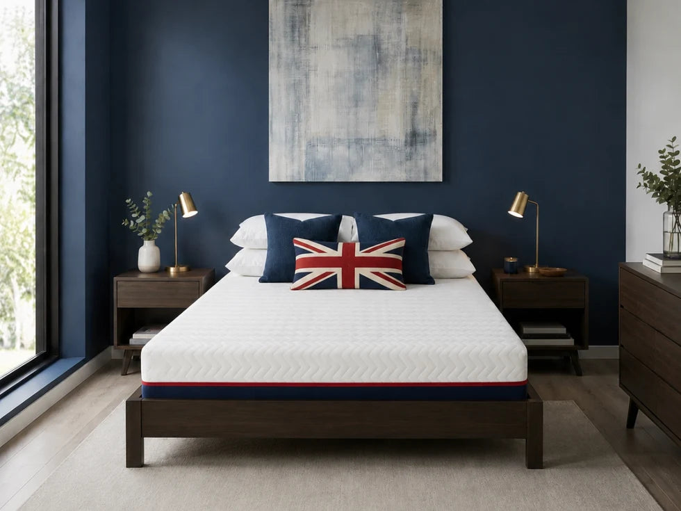 A bed with a white quilted mattress and matching white bedding, styled in a modern bedroom with a dark navy blue wall, a Union Jack accent pillow, and dark wood nightstands.